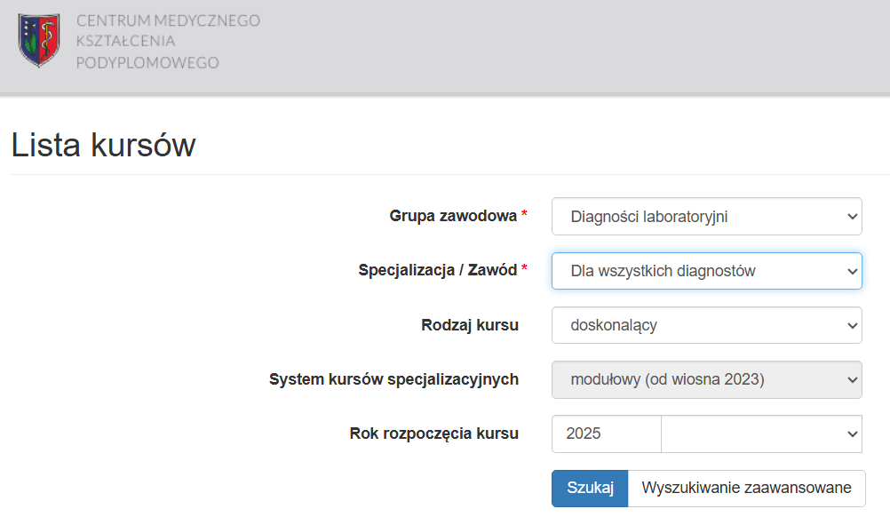 Bezpłatne kursy doskonalące z zakresu medycyny laboratoryjnej dla Diagnostów Laboratoryjnych organizowane przez Centrum Medycznego Kształcenia Podyplomowego.